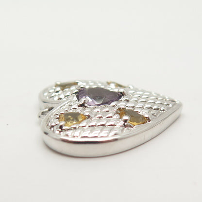 925 Sterling Silver Real Amethyst & Citrine Gemstone Heart Pendant