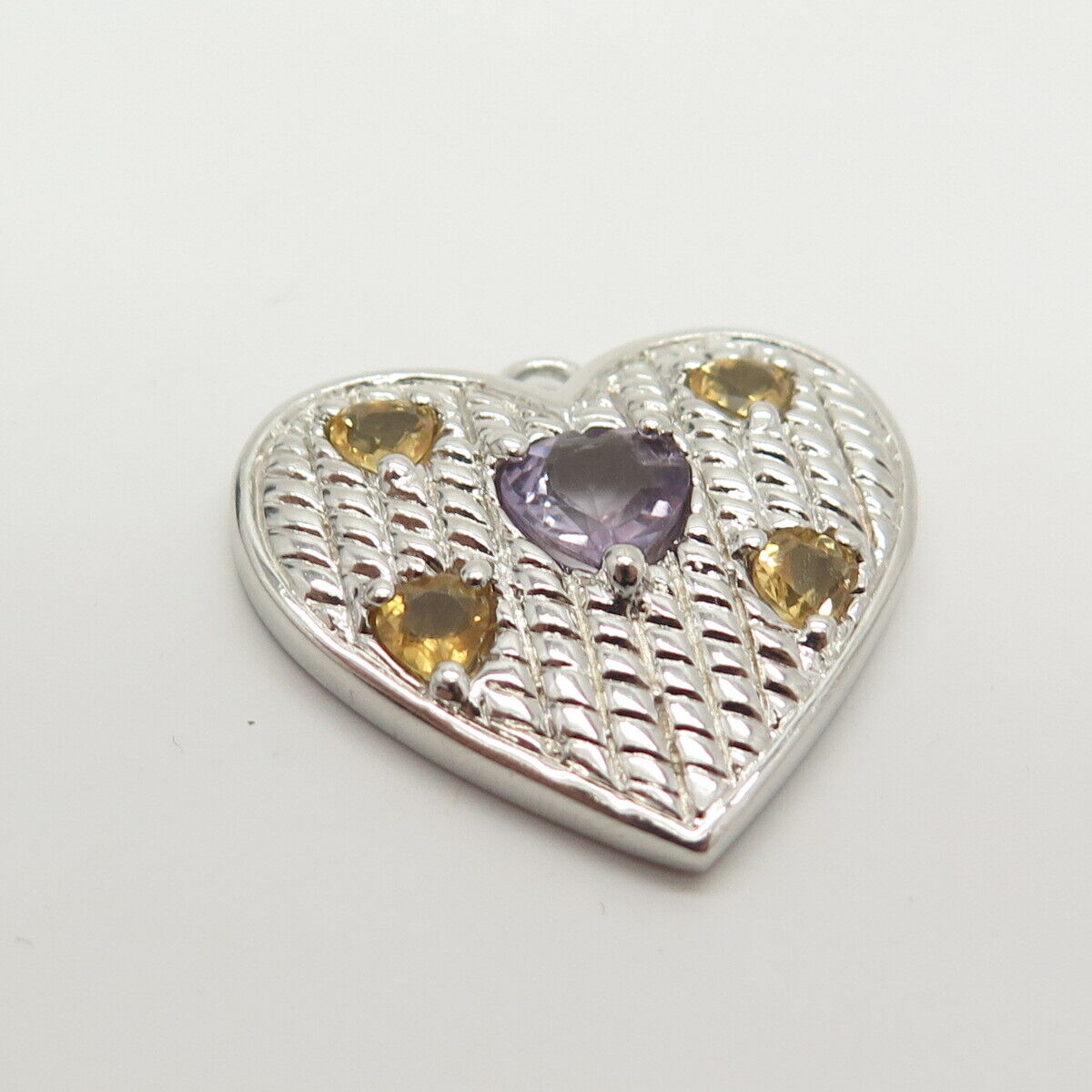 925 Sterling Silver Real Amethyst & Citrine Gemstone Heart Pendant