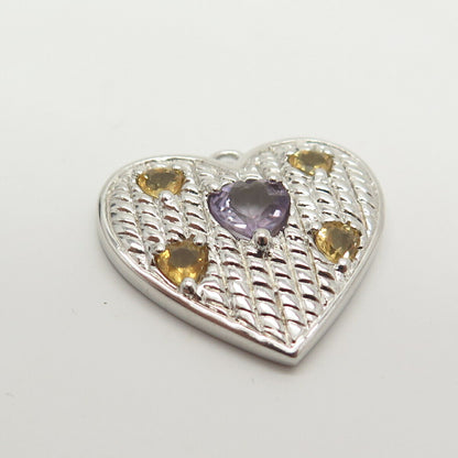 925 Sterling Silver Real Amethyst & Citrine Gemstone Heart Pendant