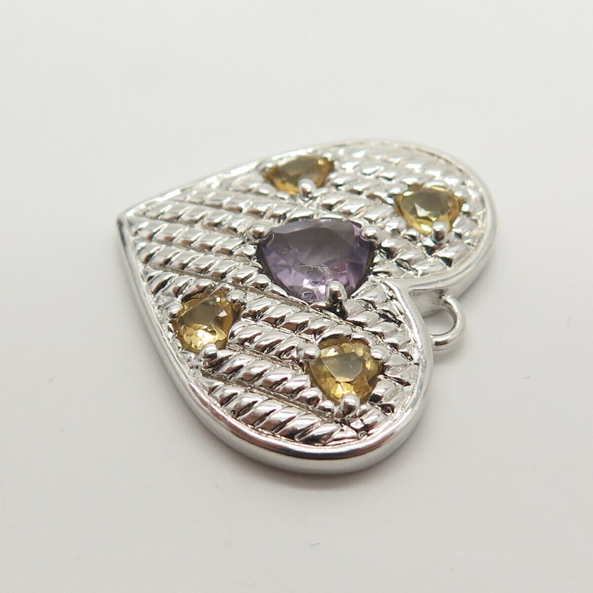 925 Sterling Silver Real Amethyst & Citrine Gemstone Heart Pendant