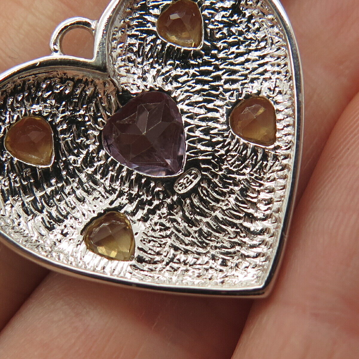 925 Sterling Silver Real Amethyst & Citrine Gemstone Heart Pendant