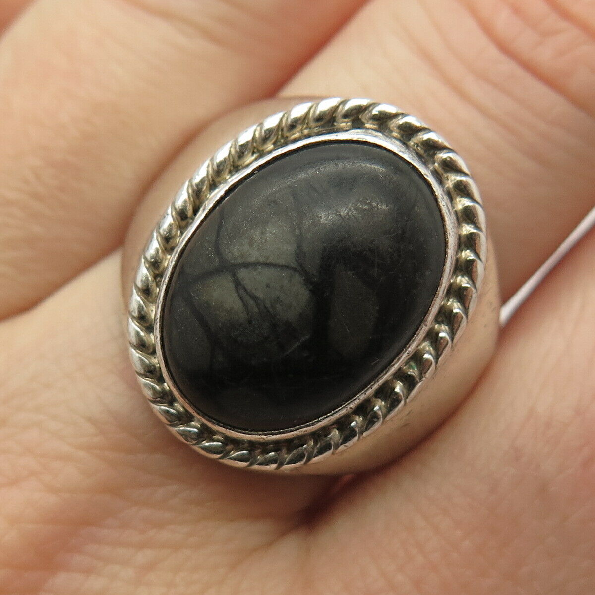 925 Sterling Silver Vintage Real Black Picture Jasper Gem Ring Size 10 3/4