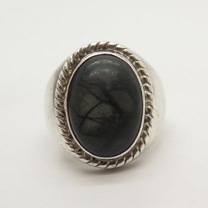 925 Sterling Silver Vintage Real Black Picture Jasper Gem Ring Size 10 3/4