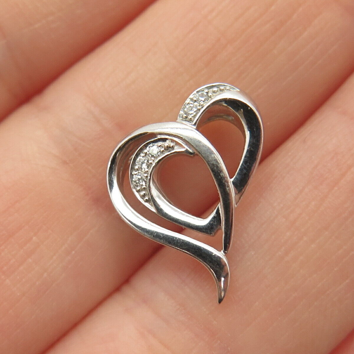 925 Sterling Silver Pave C Z Double Open Heart Slide Pendant