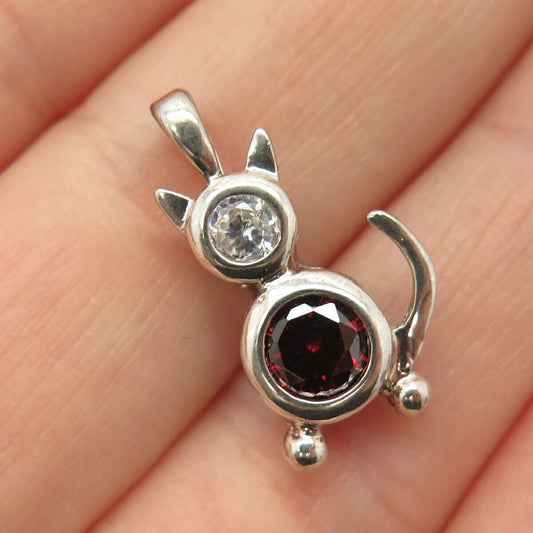 925 Sterling Silver White & Red Garnet-Tone C Z Cat Pendant