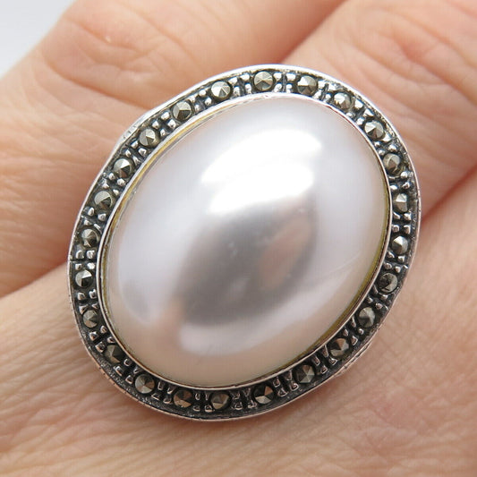 925 Sterling Silver Vintage Real Marcasite Gem & Faux Pearl Ring Size 6 1/4