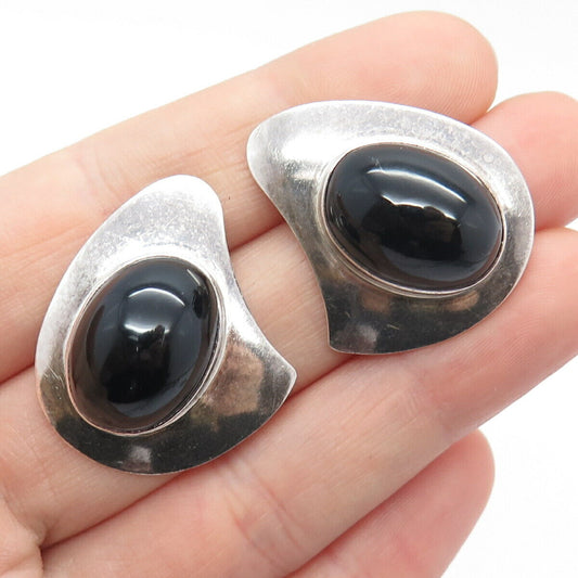 925 Sterling Silver Vintage Mexico Real Black Onyx Gem Modernist Earrings