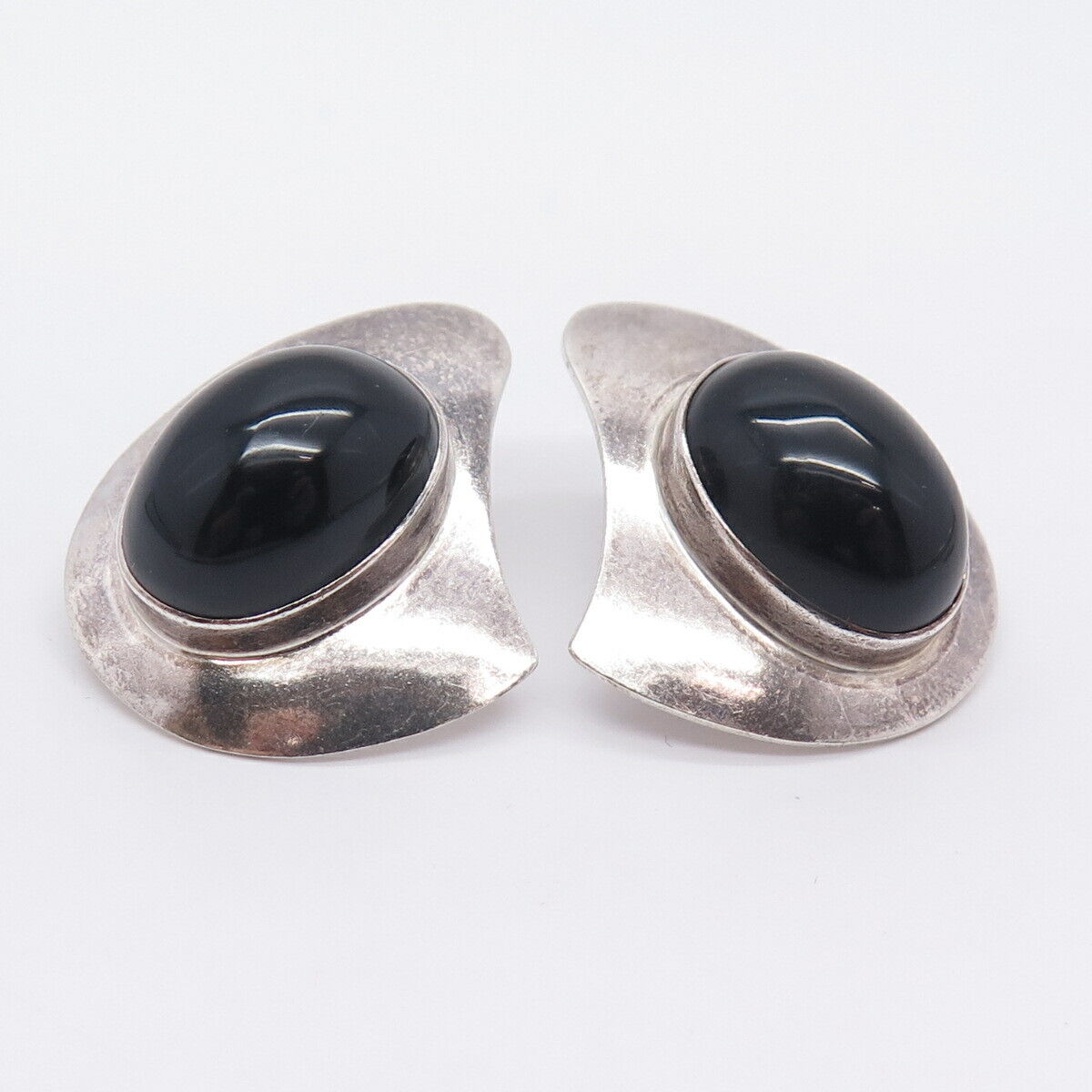 925 Sterling Silver Vintage Mexico Real Black Onyx Gem Modernist Earrings