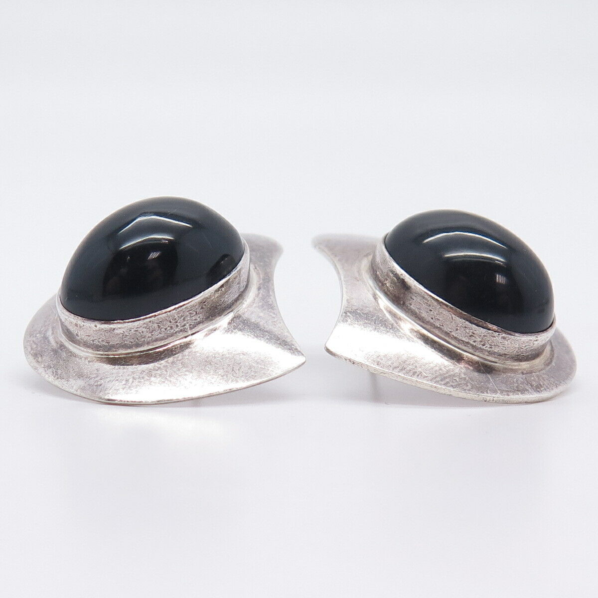 925 Sterling Silver Vintage Mexico Real Black Onyx Gem Modernist Earrings