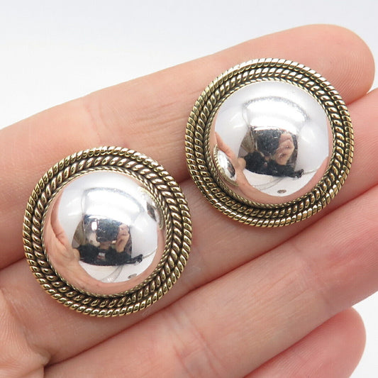 925 Sterling Silver 2-Tone Vintage Mexico Ball Design Hollow Earrings