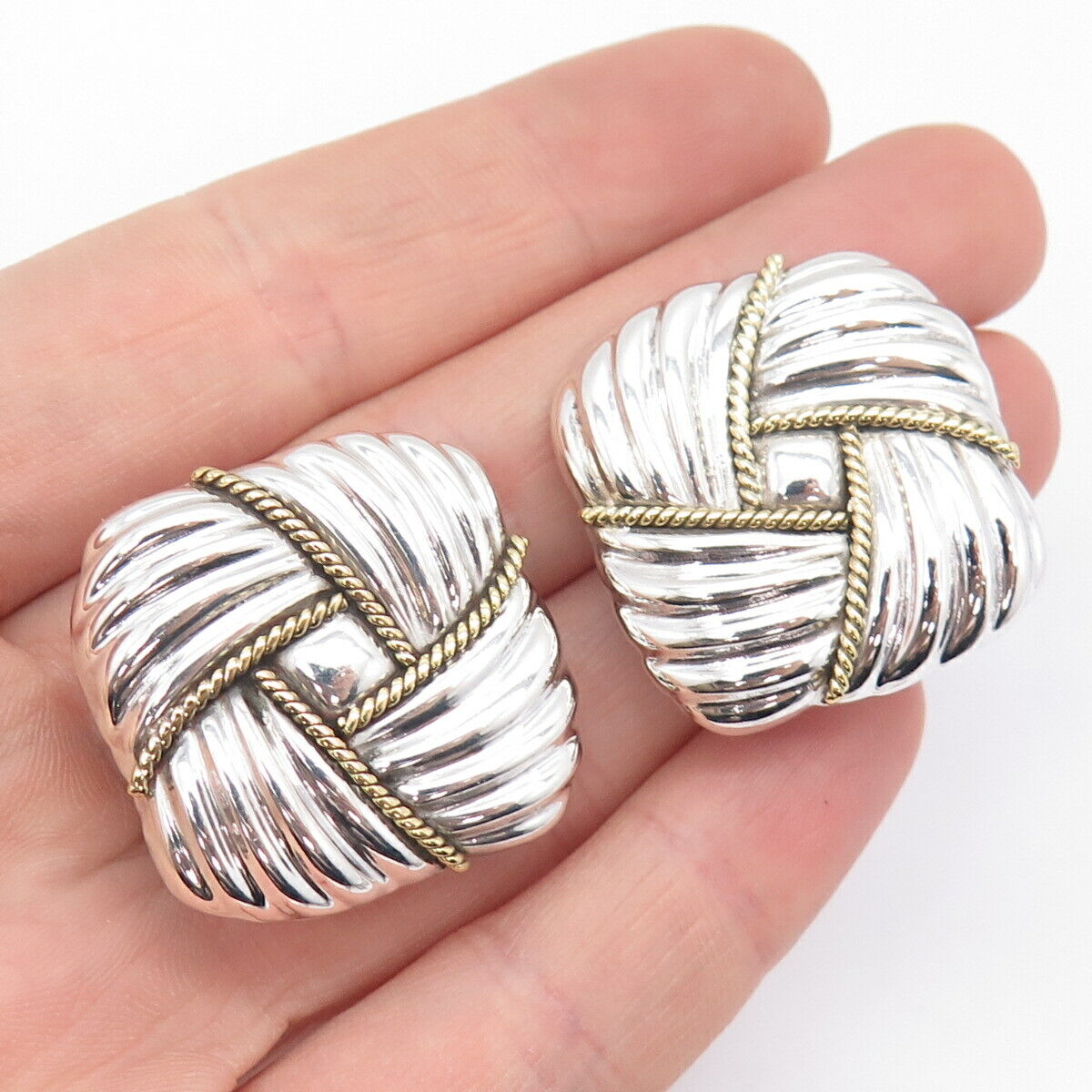 925 Sterling Silver 2-Tone Vintage Mexico Ribbed Hollow Clip On Earrings