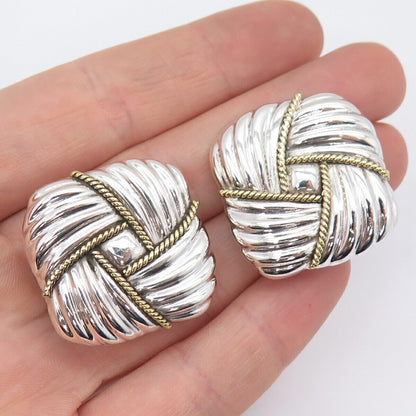 925 Sterling Silver 2-Tone Vintage Mexico Ribbed Hollow Clip On Earrings