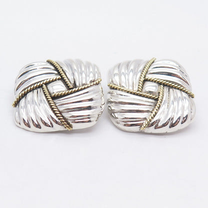 925 Sterling Silver 2-Tone Vintage Mexico Ribbed Hollow Clip On Earrings