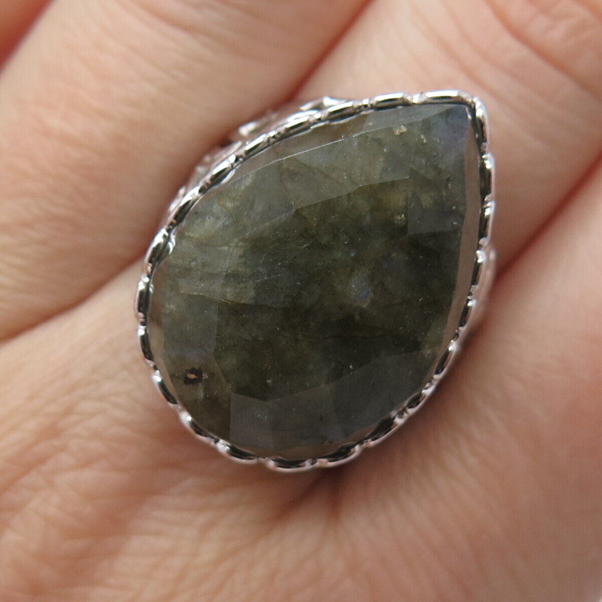 925 Sterling Silver Real Checkered Labradorite Gemstone Ring Size 8