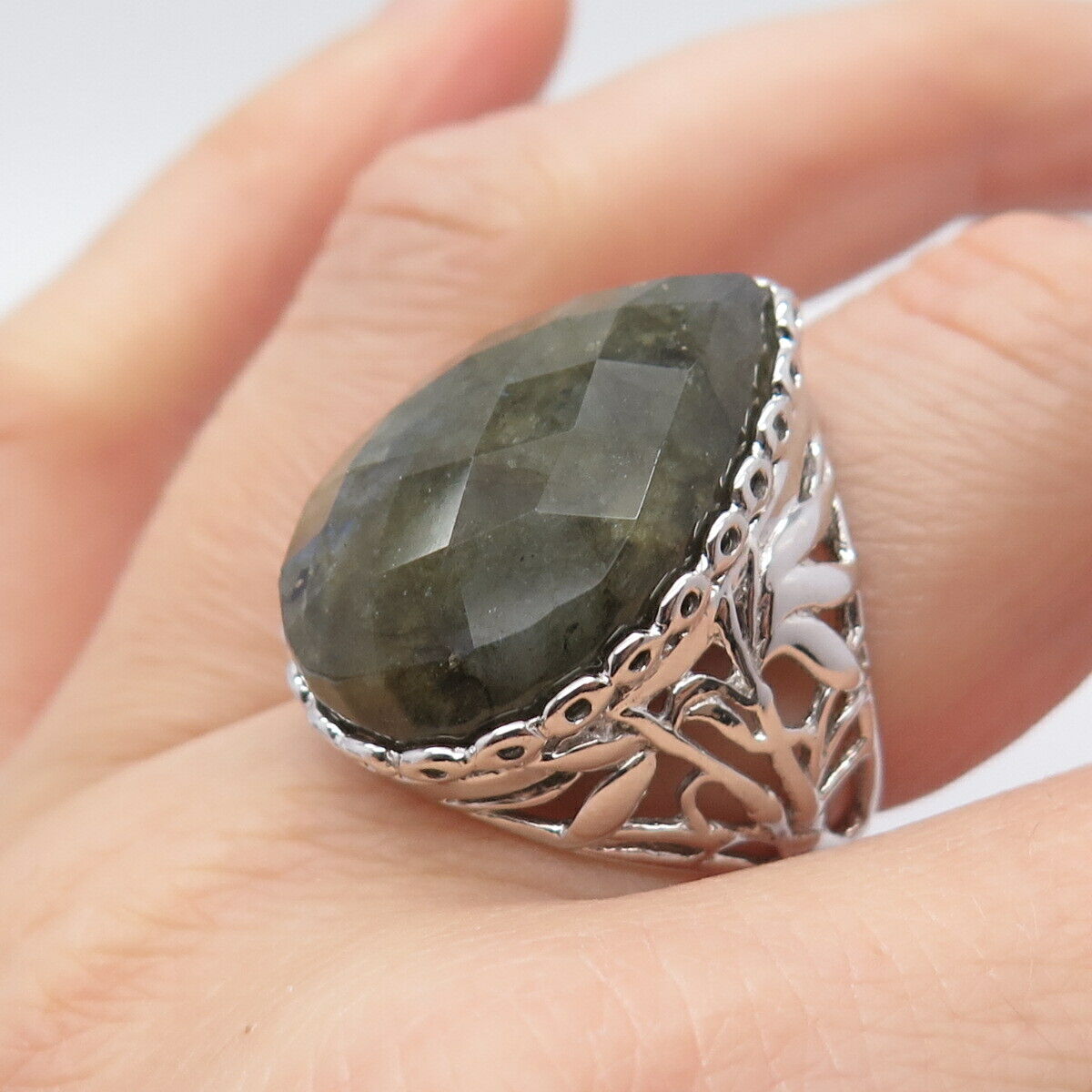 925 Sterling Silver Real Checkered Labradorite Gemstone Ring Size 8