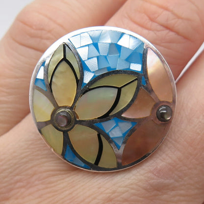 925 Sterling Silver Real Colorful Mother-of-Pearl Floral Ring Size 6 3/4