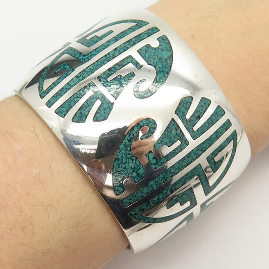 925 Sterling Silver Vintage Turquoise Gem Inlay Tribal Wide Cuff Bracelet 6"