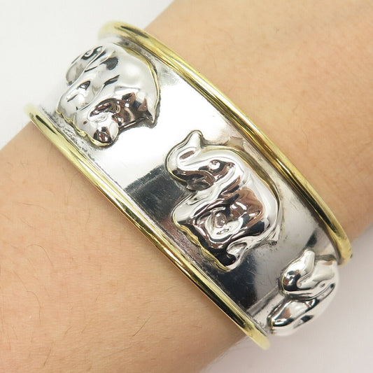 925 Sterling Silver 2-Tone Vintage Mexico Elephant Good Luck Cuff Bracelet 7"