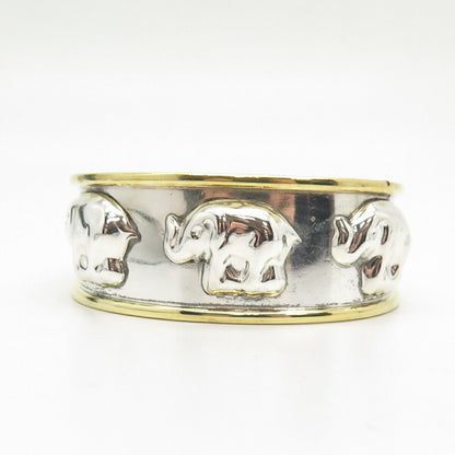 925 Sterling Silver 2-Tone Vintage Mexico Elephant Good Luck Cuff Bracelet 7"