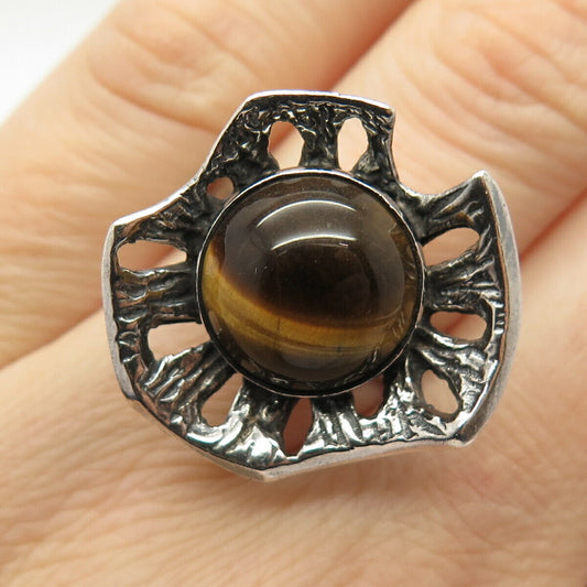 925 Sterling Silver Vintage Israel Real Tiger Eye Gem Adjustable Ring Size 8