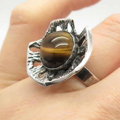 925 Sterling Silver Vintage Israel Real Tiger Eye Gem Adjustable Ring Size 8