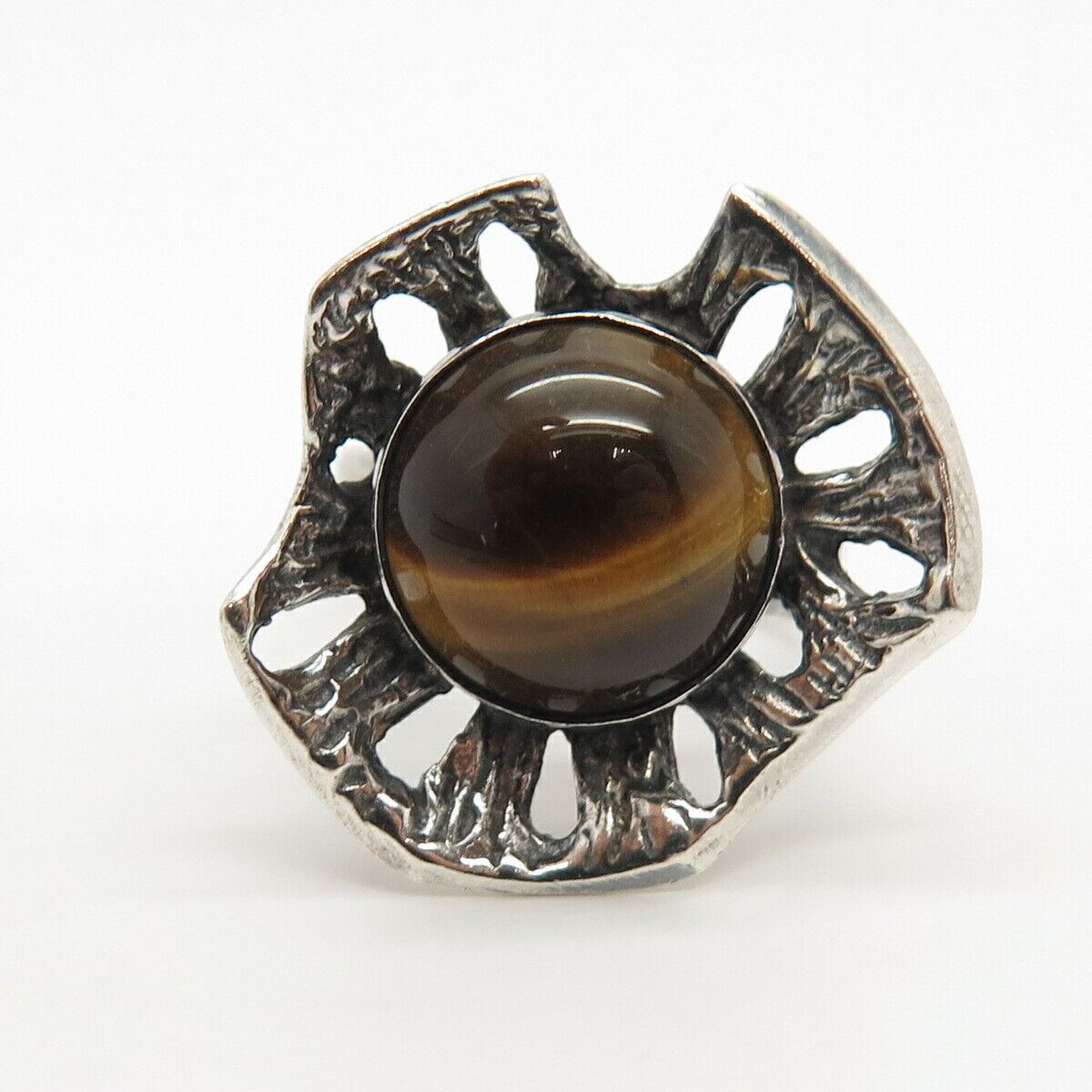 925 Sterling Silver Vintage Israel Real Tiger Eye Gem Adjustable Ring Size 8