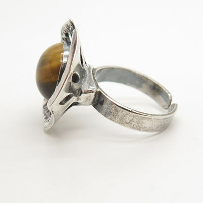 925 Sterling Silver Vintage Israel Real Tiger Eye Gem Adjustable Ring Size 8