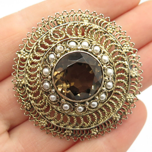 925 Sterling Silver Vintage Smoky Quartz & Faux Pearl Filigree Brooch / Pendant