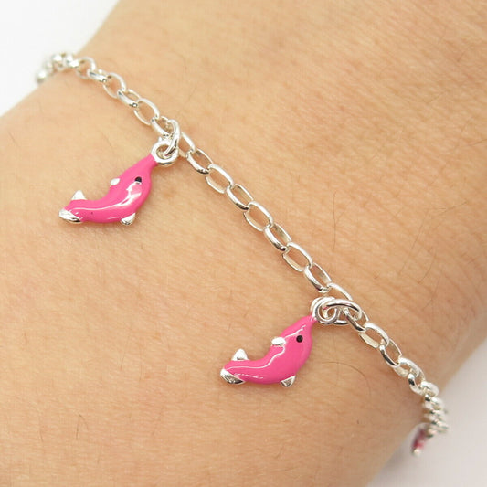 925 Sterling Silver Enamel Friendly Dolphin Charms Cable Link Bracelet 6"