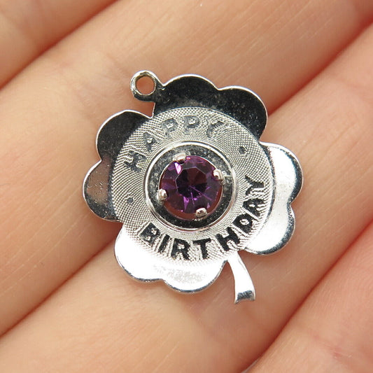 925 Sterling Silver Vintage Amethyst Gem "Happy Birthday" Floral Charm Pendant