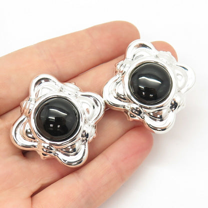 925 Sterling Silver Vintage Real Black Onyx Gem Clip On Earrings