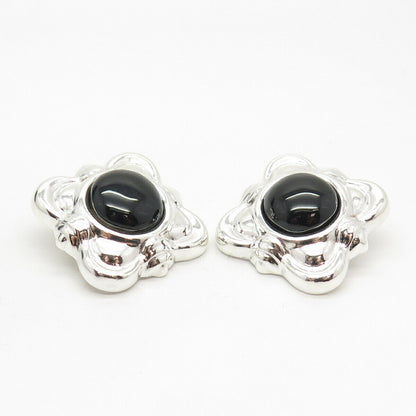 925 Sterling Silver Vintage Real Black Onyx Gem Clip On Earrings