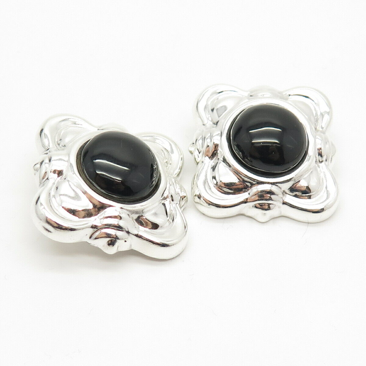 925 Sterling Silver Vintage Real Black Onyx Gem Clip On Earrings