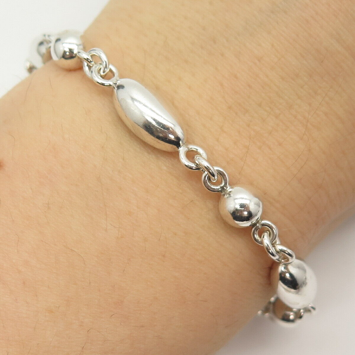 925 Sterling Silver Vintage Bead Link Bracelet 7 1/4"