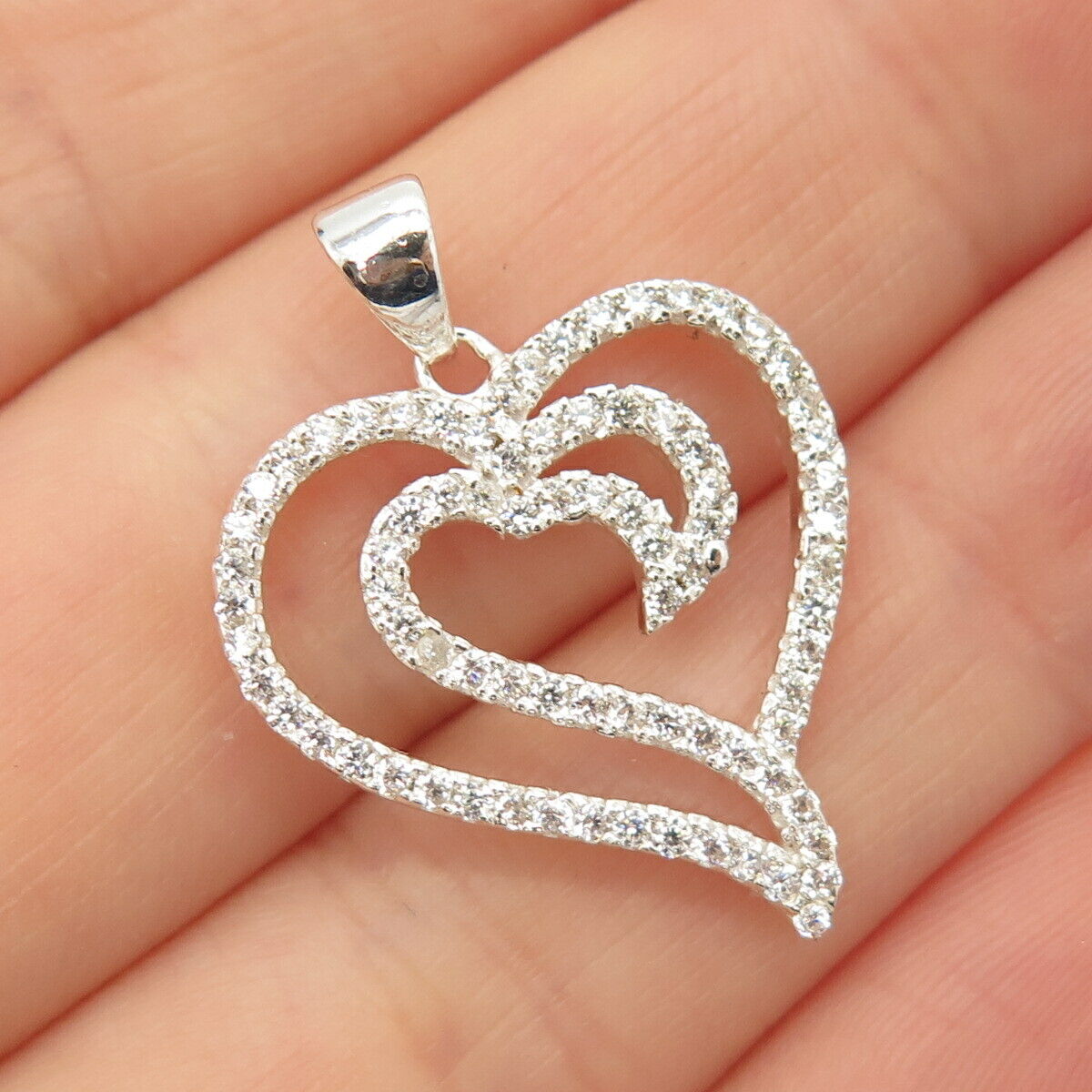 925 Sterling Silver Pave C Z Open Heart Pendant