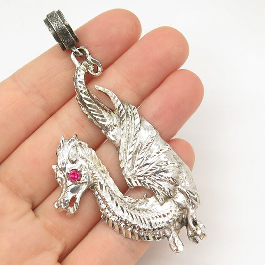 925 Sterling Silver Vintage Lab-Created Sapphire Gem Dragon Pendant