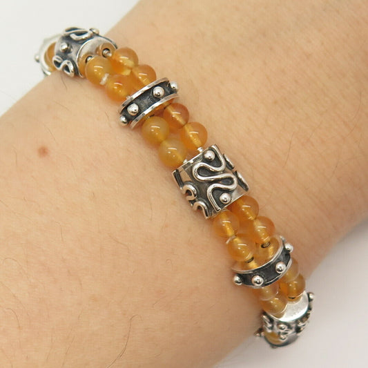 925 Sterling Silver Vintage Real Citrine Gem 2-Row Bead Link Bracelet 6.5"