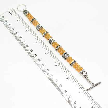 925 Sterling Silver Vintage Real Citrine Gem 2-Row Bead Link Bracelet 6.5"