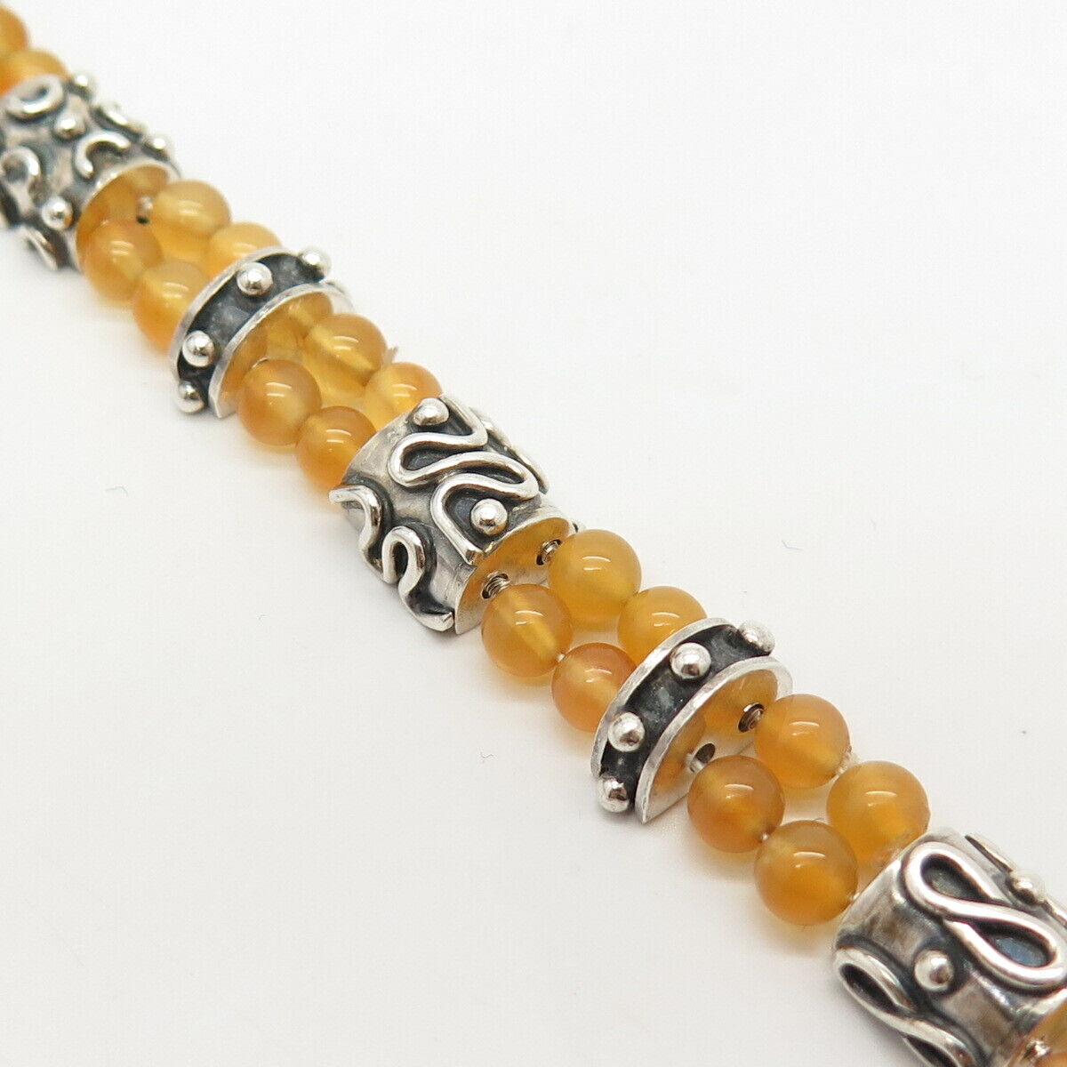 925 Sterling Silver Vintage Real Citrine Gem 2-Row Bead Link Bracelet 6.5"