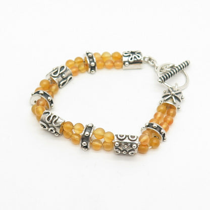 925 Sterling Silver Vintage Real Citrine Gem 2-Row Bead Link Bracelet 6.5"