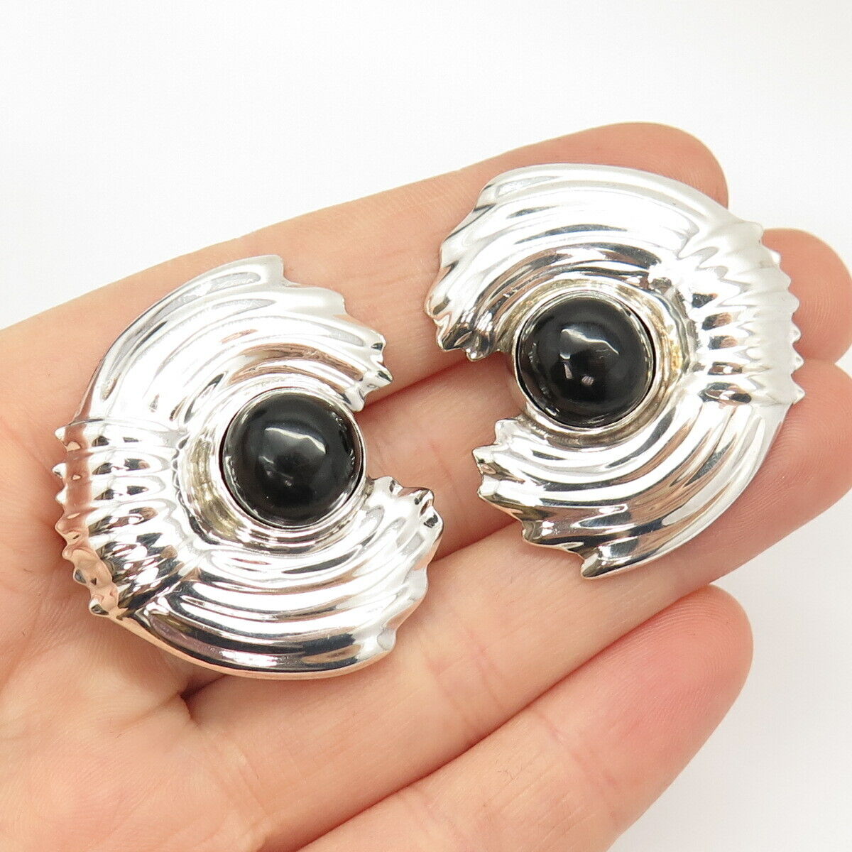 925 Sterling Silver Vintage Mexico Real Black Onyx Gem Clip On Earrings