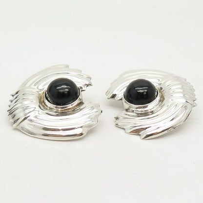 925 Sterling Silver Vintage Mexico Real Black Onyx Gem Clip On Earrings