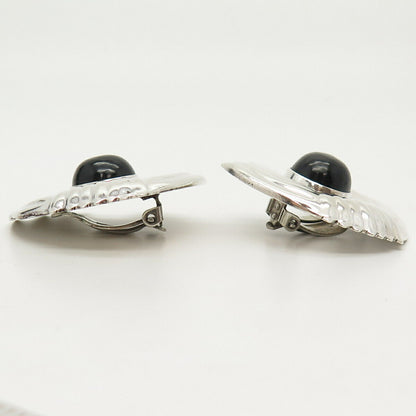 925 Sterling Silver Vintage Mexico Real Black Onyx Gem Clip On Earrings