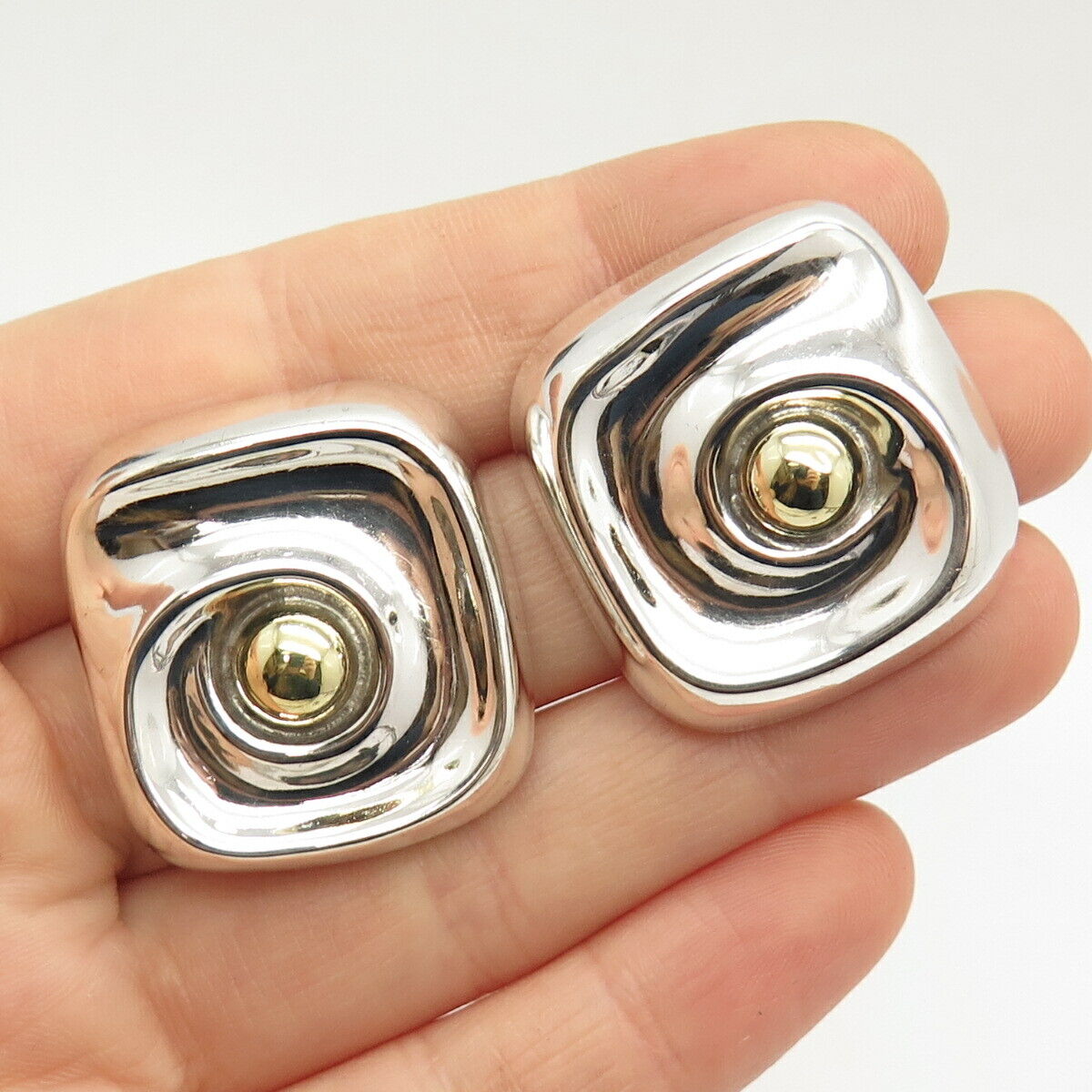 925 Sterling Silver 2-Tone Vintage Mexico Swirl Hollow Square Earrings