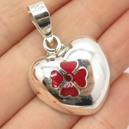 925 Sterling Silver Vintage Mexico Enamel Floral & Heart Hollow Pendant