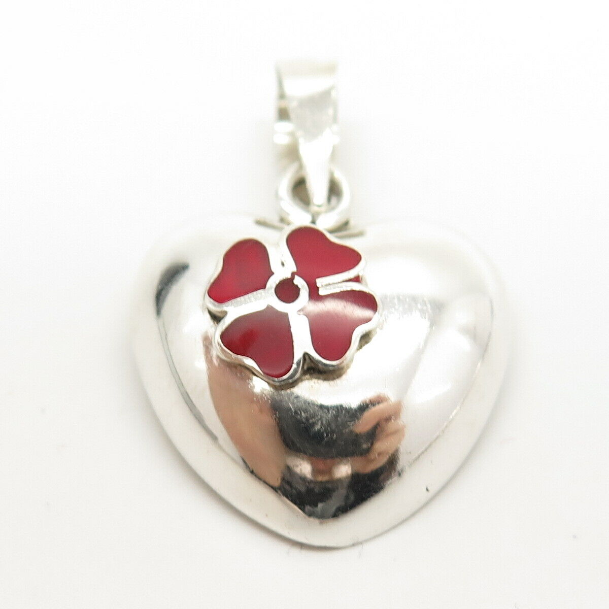 925 Sterling Silver Vintage Mexico Enamel Floral & Heart Hollow Pendant