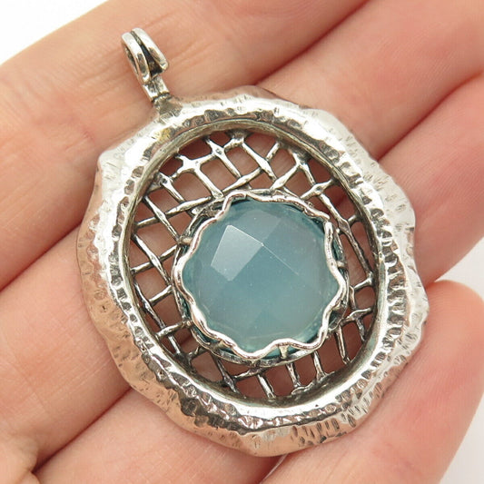 925 Sterling Silver Vintage Real Milky Aquamarine Gem Grid Pendant