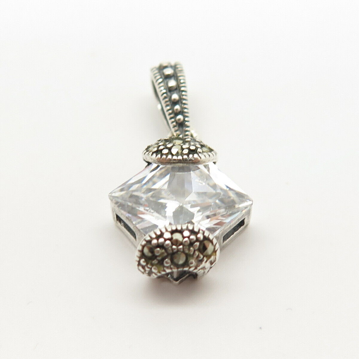 925 Sterling Silver Real Marcasite Gemstone & C Z Small Pendant