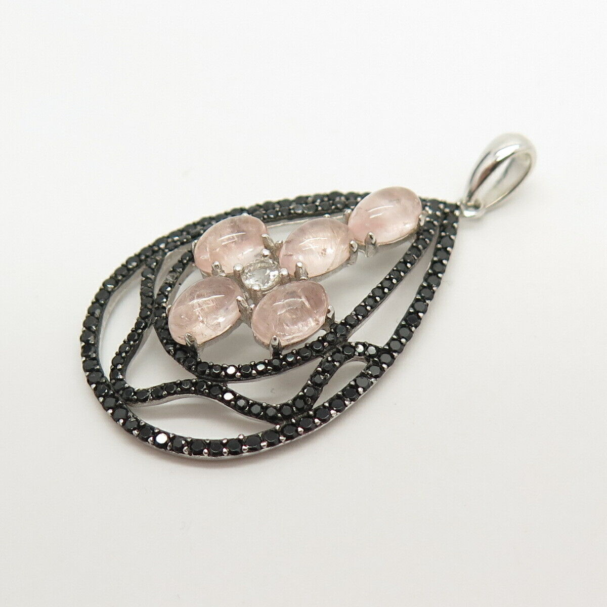 925 Sterling Silver Real Rose Quartz Melanite Gem & C Z Pendant