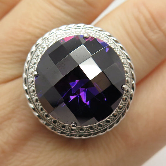 925 Sterling Silver Enamel & Amethyst-Tone C Z Wide Ring Size 7